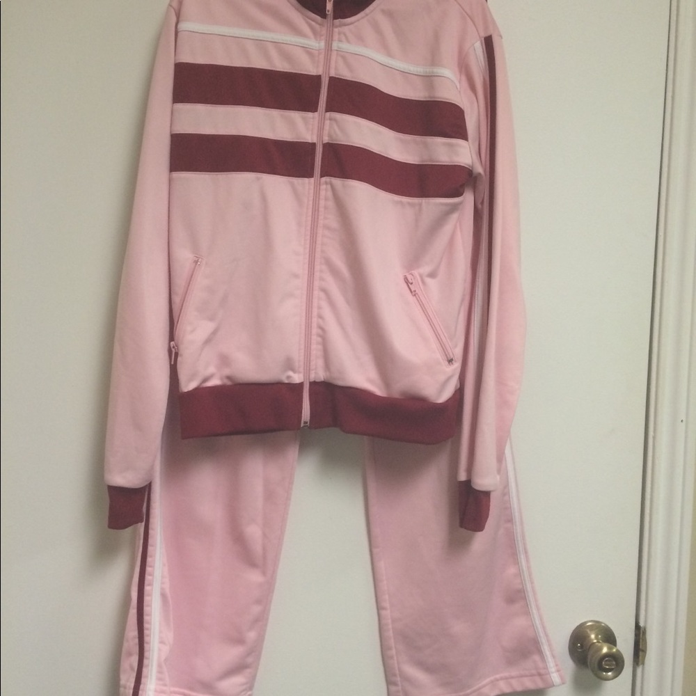 Pink, burgundy, and white tracksuit.